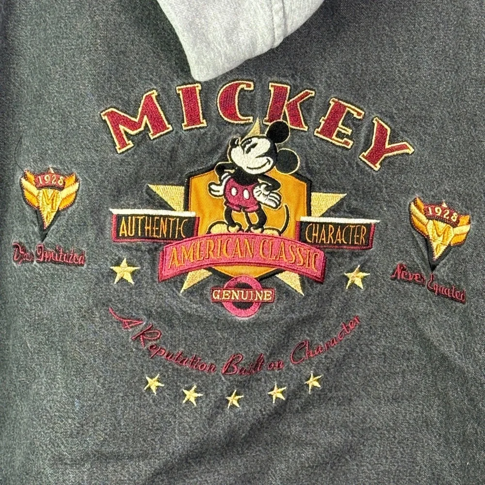 Vintage Disney Mickey Mouse Hooded Varsity Jacket Black Denim XL Bomber